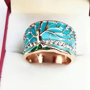 🎈Gold Tone Ring Family Tree Gorgeous Turquoise Pink Rose Opal Stones Size 8